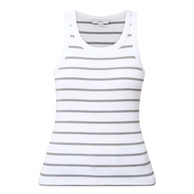 Vince Stripe Ribbed Tank Top in white with grey stripes, scoop neckline, sleeveless racer-style, ribbed structure