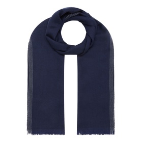 Brunello Cucinelli Contrast-Trim Frayed Scarf in blue wool-cashmere blend with grey contrast trim and frayed edges, coiled display