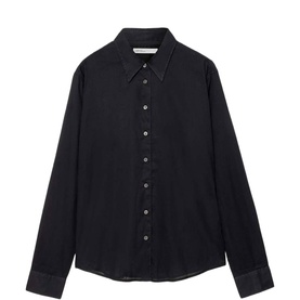 All Saints black women's long-sleeve button-up shirt with pointed collar and contrast cuff detail.