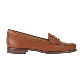 Carvela Comfort brown leather loafer with gold-tone snaffle bit detail, flat sole, moccasin stitch, side profile view.
