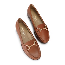 Carvela Comfort brown leather loafers with gold-tone horsebit hardware detail and flat sole, overhead view.