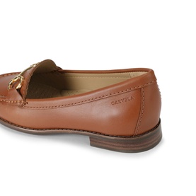 Carvela Comfort brown leather loafer, close-up of heel and gold snaffle bit detail on smooth upper with slim leather sole.