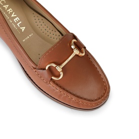 Carvela Comfort brown leather loafer with gold horsebit hardware detail, close-up view showing toe and trim.