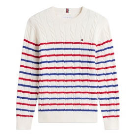 Tommy Hilfiger cable-knit crew-neck jumper in white with red and blue horizontal stripes and signature flag detail at collar