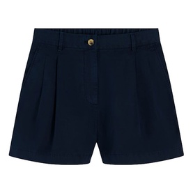 Navy blue tailored shorts with front pleats, gold-tone button fastening, and elasticated waistband detail