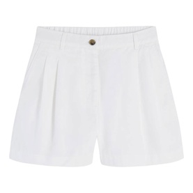 White tailored shorts with front pleats, elasticated waistband, and single gold-tone button fastening