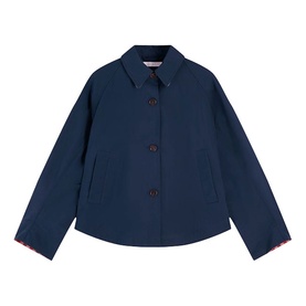 Tommy Hilfiger Dark Night Navy cropped jacket, button-front, point collar, side pockets, red contrast cuff lining detail