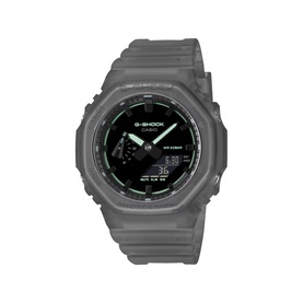 Casio G-Shock grey resin ana-digi watch with octagonal case, black dial, and green accent markers