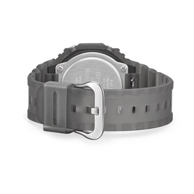 Casio grey digital watch, rear view showing grey resin strap with silver-tone buckle and case back detail