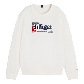 Tommy Hilfiger white crew neck sweatshirt with navy and red graphic logo print and small flag badge at hem