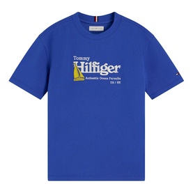 Tommy Hilfiger children's Noble Blue crew-neck T-shirt with graphic logo and "Authentic Ocean Pursuits" print to chest.