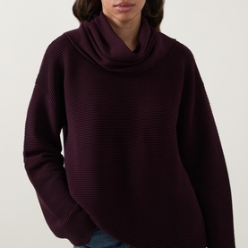 Model wearing Elena Miro must purple ribbed cowl neck knit jumper with relaxed fit and long sleeves