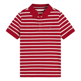 Tommy Hilfiger boys red and white striped short sleeve polo shirt with flag logo and button placket
