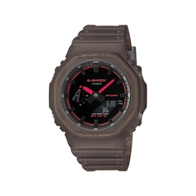 Casio G-Shock analogue-digital watch in brown with black dial and red accent detailing, brown resin strap