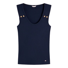 Tommy Hilfiger Dark Night Navy ribbed sleeveless top with gold button shoulder detail and scoop neckline