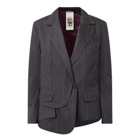 HIGH Shimmy Layered Pinstripe Blazer in grey, single-breasted, notch lapel, asymmetric hem, burgundy lining visible at collar