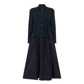 HIGH Habit Shirt Dress in navy, dual-composition midi with raised shirt hem, crinkled skirt, button front, turned-down collar, long sleeves
