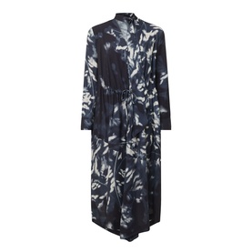 HIGH Skive Printed Tie-Front Dress in blue abstract print, midi length, long sleeves, V-neckline with scarf detail, drawstring waist