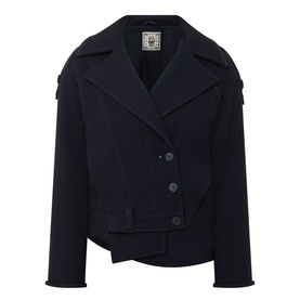 HIGH Off Key Jacket in navy wool blend, double-breasted buttons, exaggerated notch lapel, shoulder epaulettes and asymmetric layered hem