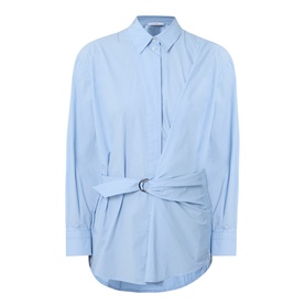 HIGH Playful Tie Front Oversized Shirt in light blue cotton with adjustable metal ring waist band, dropped shoulders, and long sleeves