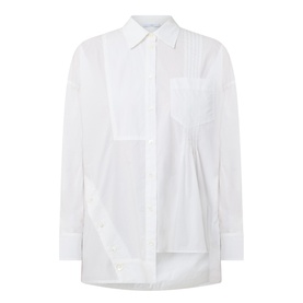 HIGH Tumble Down Oversized Shirt in white cotton with pintuck detail, asymmetric hem, patch pocket, and button-front closure