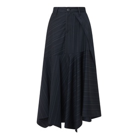 HIGH Helix Asymmetric Pinstripe Skirt in navy, midi length with panelled construction, asymmetric hem, and high-rise waist with belt loops.