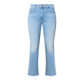 Mother Crop Boot jeans in Room Service light blue wash, cropped length with flared hem and frayed hem detail, five-pocket style