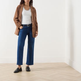 Model wearing Mother straight leg jeans in Pinkies Up with white vest top, brown blazer and black loafers