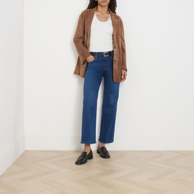 Model wearing Mother Straight Jeans in Pinkies Up, styled with a white tee, brown blazer and black loafers