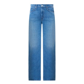 Mother The Lasso Sneak Wide-Leg Jeans in mid-wash blue denim, wide-leg silhouette with pressed creases and clean hems