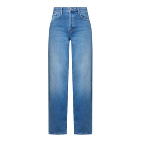 Mother Wide Leg jeans in Kissing The Caddy blue denim, high-waist, relaxed straight fit, five-pocket styling, no model