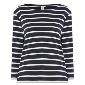 Part Two top in navy and eggnog stripe, featuring a boat neckline and three-quarter length sleeves, in 100% cotton jersey fabric.