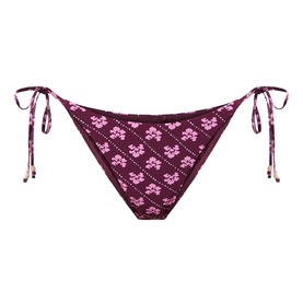 Seafolly dark burgundy bikini brief with pink floral print, tie sides and gold-tipped cords, flat lay view