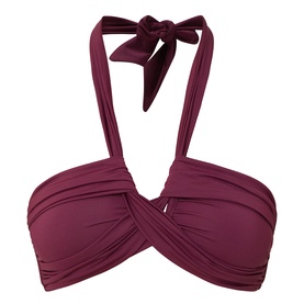 Seafolly dark burgundy bikini top with ruched bandeau front, crossover detail, and halterneck tie fastening