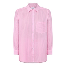 Seafolly Light Pop Pink striped cotton cover-up shirt with chest pocket, button front, and relaxed long-sleeve silhouette