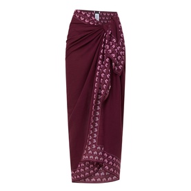 Seafolly Dark Burgundy cotton sarong with floral border print and gathered front knot detail, shown flat.