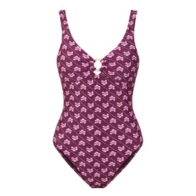 Seafolly dark burgundy swimsuit with pink floral print, V-neckline, keyhole detail, and wide shoulder straps