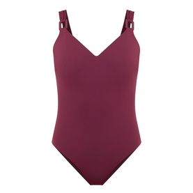 Seafolly dark burgundy swimsuit with V-neckline, ring-detail straps and high-cut leg, flat product view