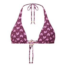 Seafolly dark burgundy bikini top with pink floral print, triangle cups, adjustable halterneck and tie-front fastening