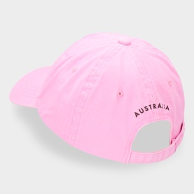 Seafolly Pop Pink cotton baseball cap, rear view showing adjustable strap and embroidered Australia text