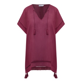 Seafolly Dark Burgundy cotton cover-up with V-neck, tassel tie neckline and tassel hem detail