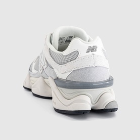 New Balance 9060 trainer in Lone Star Grey, white and grey leather and mesh upper, chunky cream midsole, rear three-quarter view