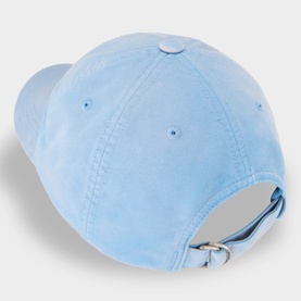 Acne cornflower blue cotton baseball cap, rear view showing metal adjuster and eyelets on washed fabric crown