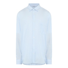 Acne Stripe Logo Shirt in blue and white vertical stripes, classic collar, chest pocket, long sleeves, curved hem