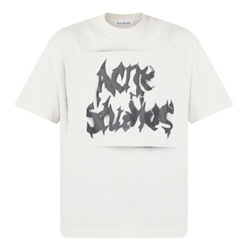 Acne Gothic Logo T-Shirt in dusty white with oversized gothic spray-painted logo print, crew neck, dropped shoulders, short sleeves