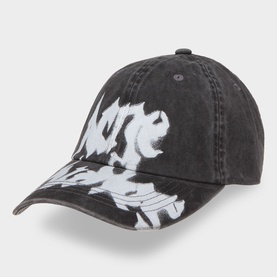 Acne faded black cotton baseball cap with bold white graffiti-style logo print on front panel, curved brim