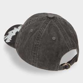 Acne faded black cotton baseball cap, rear view showing adjustable gold-tone buckle strap and washed distressed finish with graphic brim lining