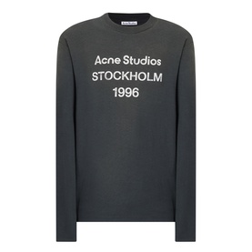 Acne Sprayed 1996 Logo T-Shirt in faded black, long-sleeve crew neck with white Stockholm 1996 stamp logo print