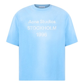 Acne Sprayed Logo T-Shirt in cornflower blue, crew neck, dropped shoulders, with faded Stockholm 1996 stamp logo print