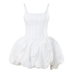 Aje Alani Puff-Skirt Mini Dress in ivory with corset-style bodice, square neckline, voluminous puff skirt, and slim shoulder straps
